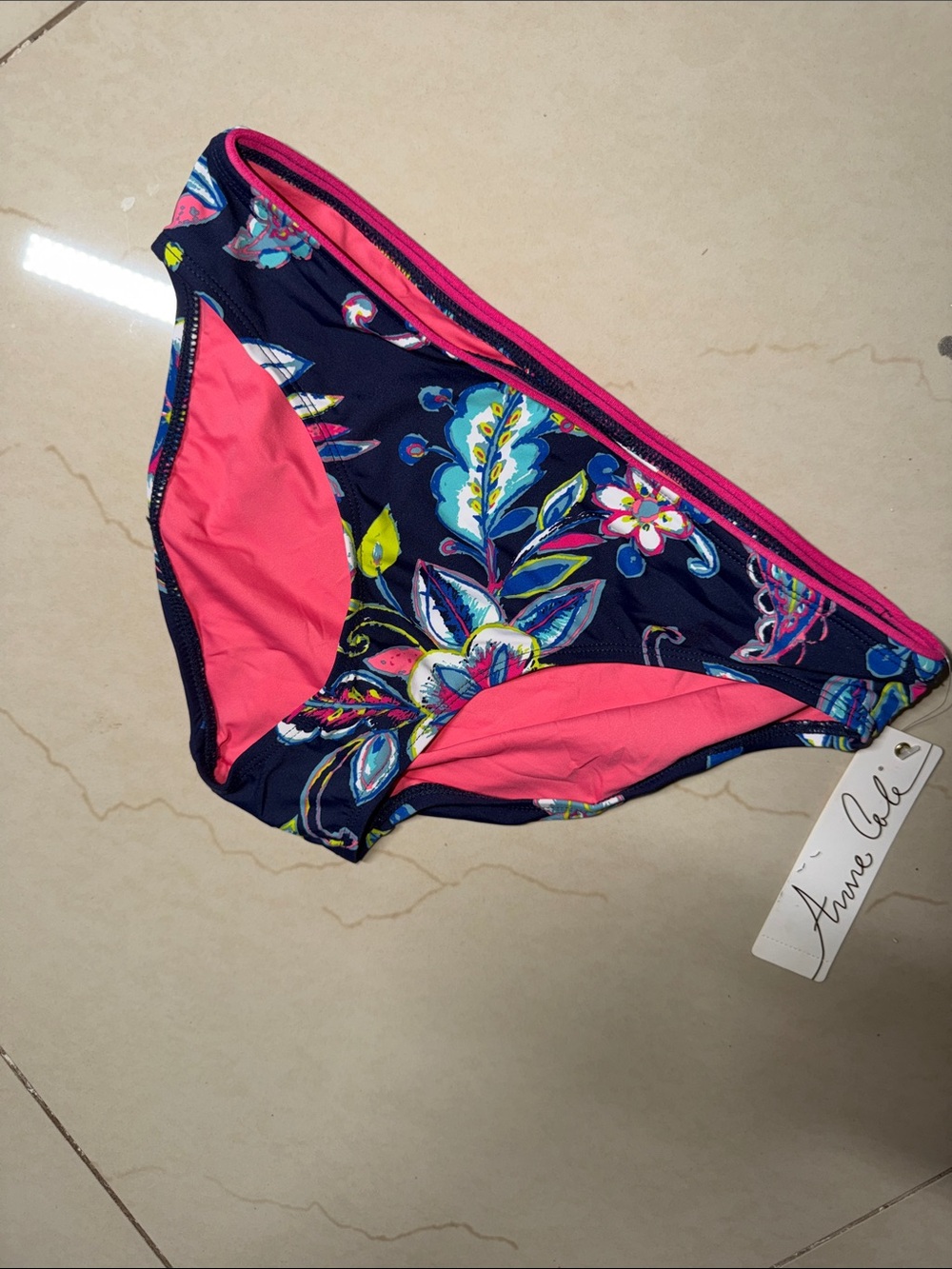Anne Cole Navy Floral Bikini Bottom with Pink Trim